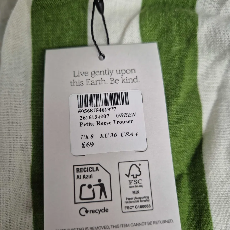 NOBODY'S CHILD GREEN STRIPED PETITE REESE TROUSER – UK 8 (EU 36, USA 4)