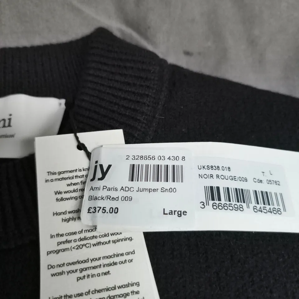 AMI PARIS JUMPER – BLACK WITH RED HEART LOGO, LARGE 