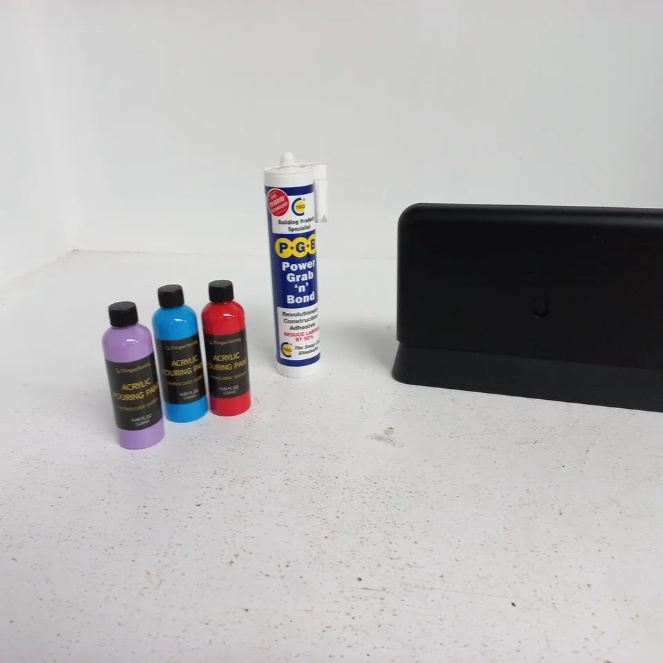 CAGE CONTAINING LARGE QUANTITY OF ASSORTED ITEMS TO INCLUDE: EE ROUTER, POWER GRAB AND BOND AND ACRYLIC POURING PAINT