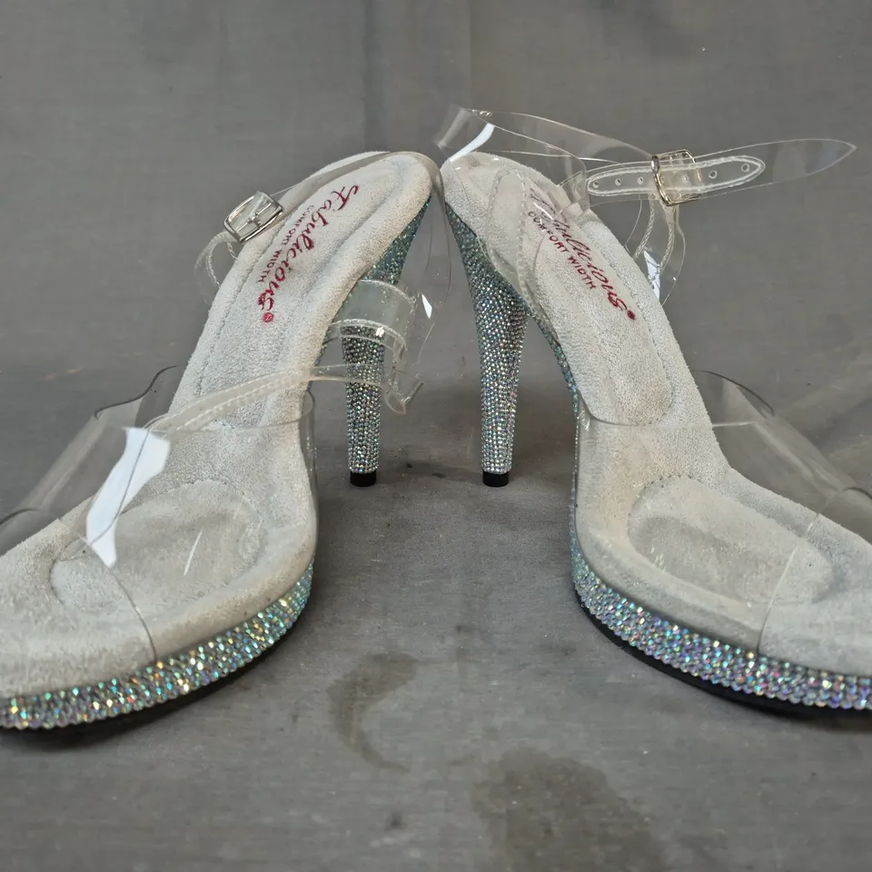 BOXED PAIR OF FABULICIOUS CLEAR STRAP PEEP TOE MULTICOLOURED DIAMANTE STYLE HEELS UK SIZE 5