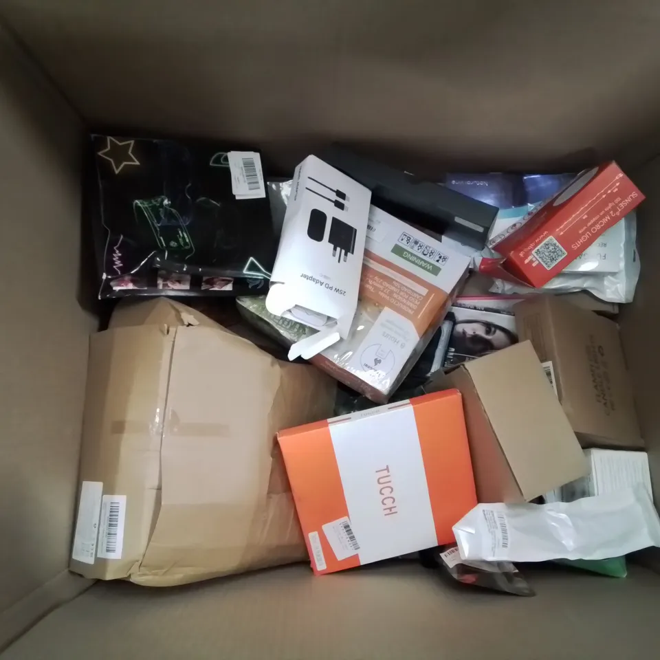 BOX CONTAINING LARGE AMOUNT OF BOXED ELECTRICAL ITEMS TO INCLUDE: BATTERIES, INK CARTRIDGE, HEADPHONES, GLASS PROTECTION COVERS, CHARGING CABLES, PHONE CASES AND LOTS MORE.