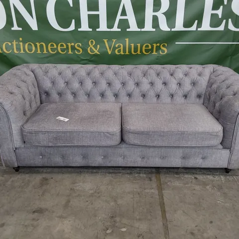 DESIGNER THREE SEATER CHESTERFIELD SOFA GREY PLUSH FABRIC