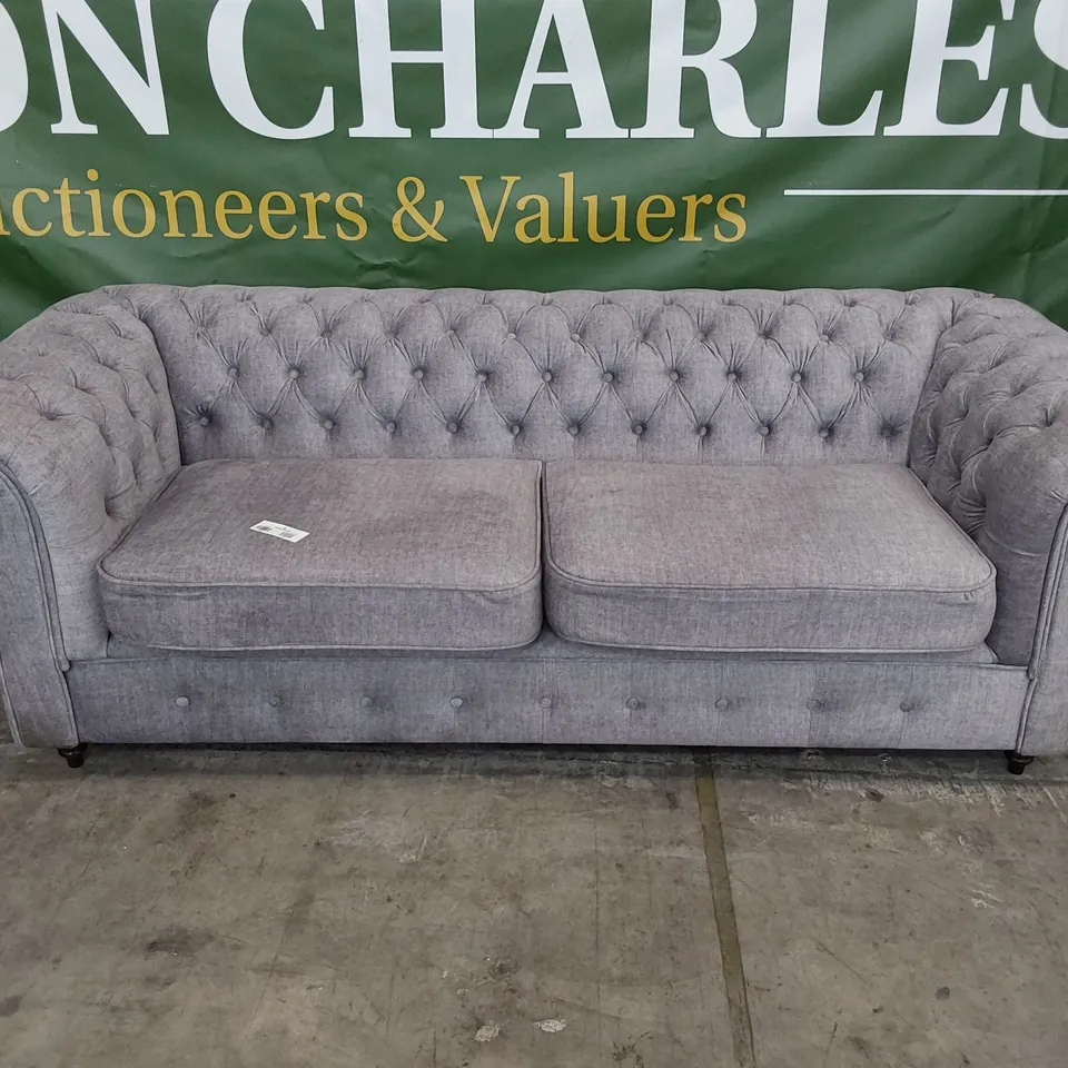 DESIGNER THREE SEATER CHESTERFIELD SOFA GREY PLUSH FABRIC 