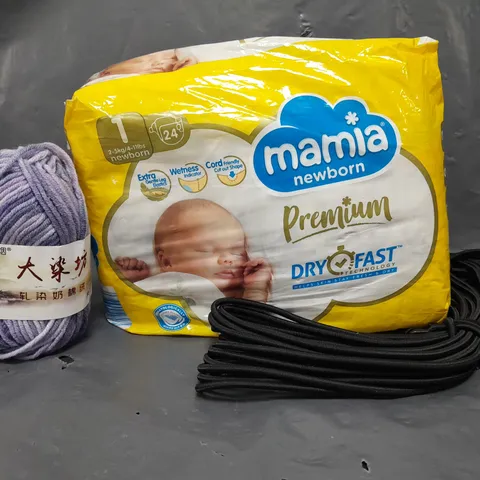 BOX OF APPROXIMATELY 15 ASSORTED HOUSEHOLD ITEMS TO INCLUDE MAMIA NEWBORN NAPPIES, KNITTING YARN, ETC - COLLECTION ONLY