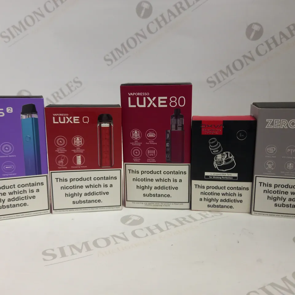 LOT OF 30 ASSORTED VAPING DEVICES & ACCESSORIES, TO INCLUDE OXVA, VAPORESSO , ETC