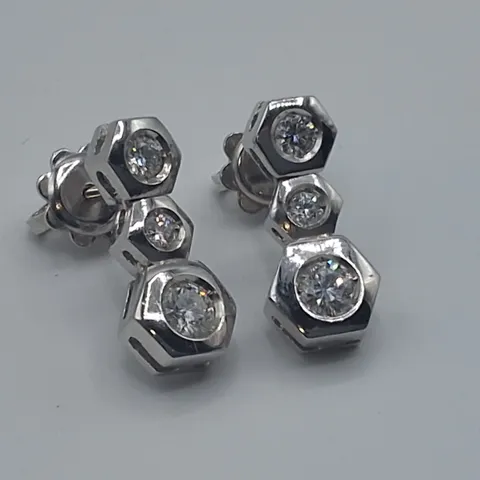18CT WHITE GOLD DROP EARRINGS RUB-OVER SET WITH NATURAL DIAMONDS 