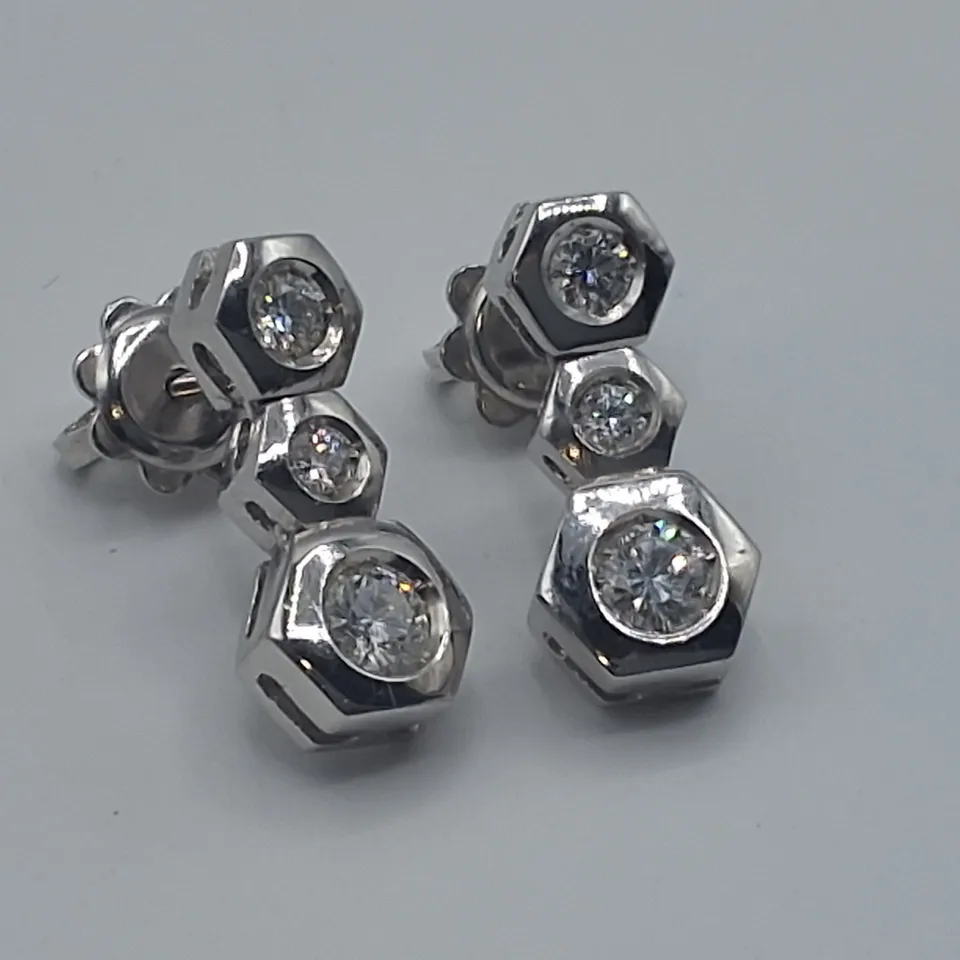 18CT WHITE GOLD DROP EARRINGS RUB-OVER SET WITH NATURAL DIAMONDS 