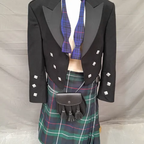 SCOTTISH KILT SUIT WITH BOW TIE IN BLACK/GREEN TARTAN JACKET SIZE 36R KILT SIZE 30/32