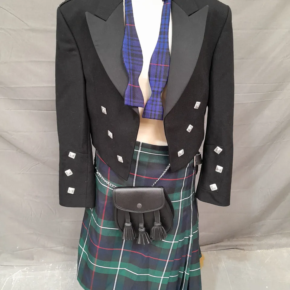SCOTTISH KILT SUIT WITH BOW TIE IN BLACK/GREEN TARTAN JACKET SIZE 36R KILT SIZE 30/32