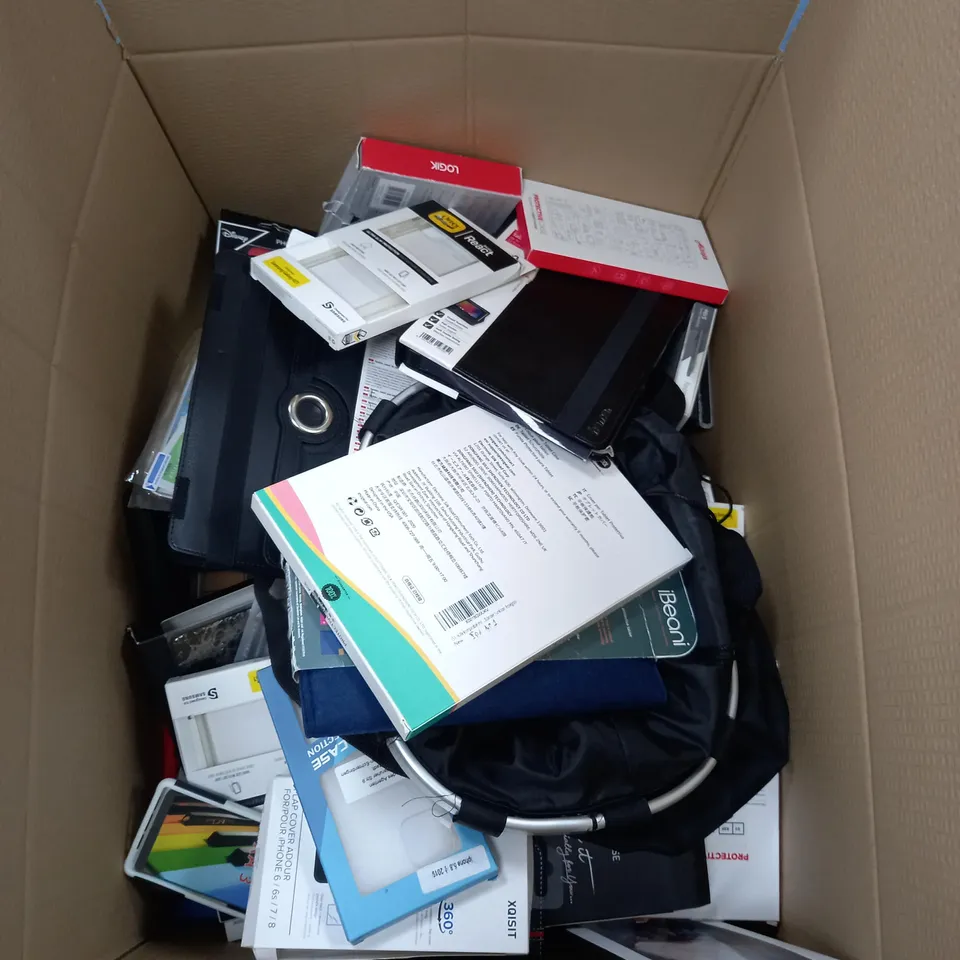 LARGE BOX OF ASSORTED MOBILE PHONE AND COMPUTER ACCESSORIES TO INCLUDE PHONE CASES, TABLET PORTFOLIO STAND AND ADAPTORS