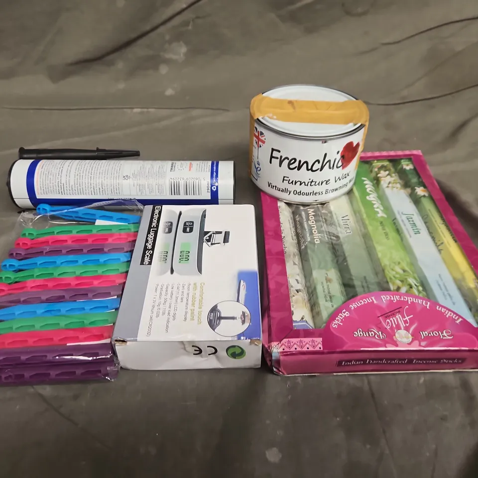 TOTE OF APPROXIMATELY 10 ASSORTED HOUSEHOLD ITEMS TO INCLUDE  BROWNING WAX, INCENSE AND LUGGAGE SCALE