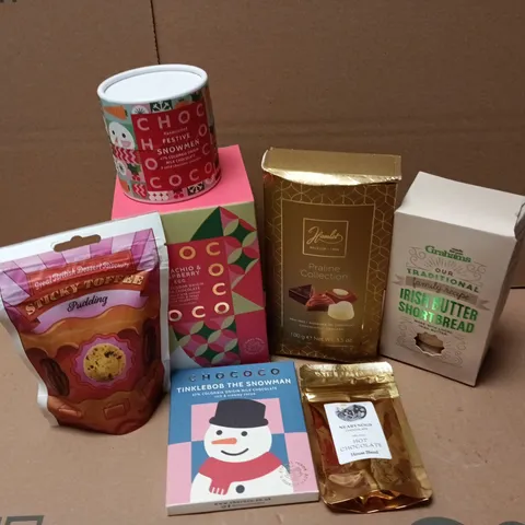 APPROXIMATELY 15 ASSORTED FOOD & DRINK ITEMS TO INCLUDE GRAHAMS IRISH BUTTER SHORTBREAD, HAMLET PRALINE COLLECTION, CHOC PISTACHIO & RASPBERRY EGG, ETC - COLLECTION ONLY