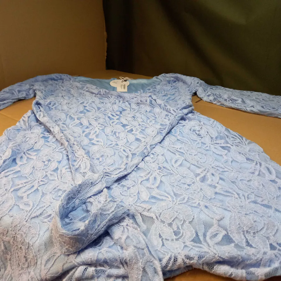 BOOHOO OCCASION LACE OFF THE SHOULDER MIDI POWDER BLUE DRESS - SIZE 24