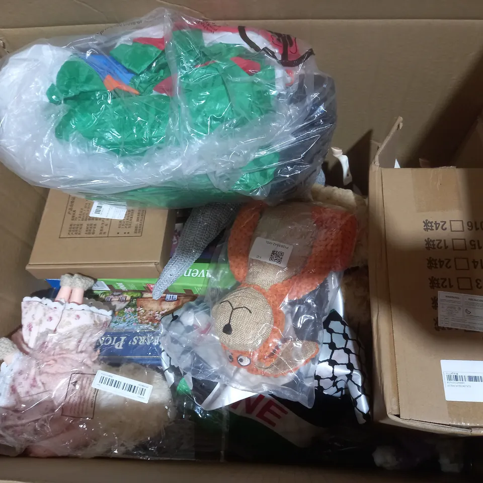 BOX OF APPROX 20 ASSORTED TOYS TO INCLUDE - FALCON THE GREEN GROCER 1000 PUZZEL - DICKENSIAN HOUSE - DINOSUAR MONEY BANK ECT 