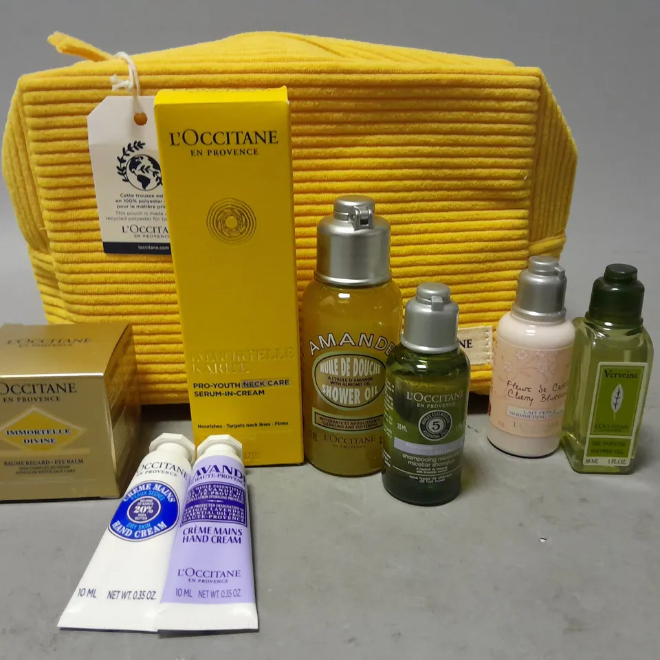 L'OCCITANE 8-PIECE BEAUTY SET IN YELLOW CORD BAG