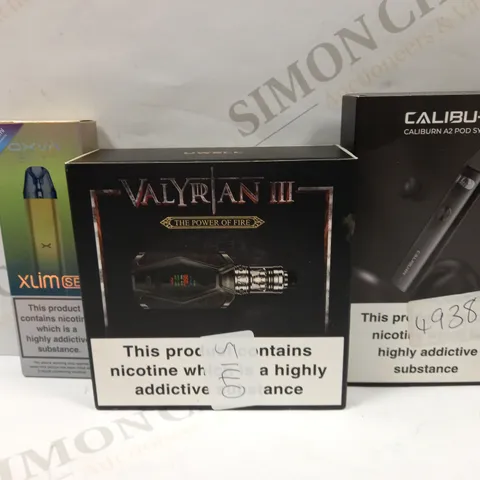 BOX OF APPROXMATELY 28 E-CIGARETTES AND LIQUIDS TO INCLUDE VALYRAN III KIT, OOXYA XLIM SE, CALIBURN A2 POD SYSTEM, ETC