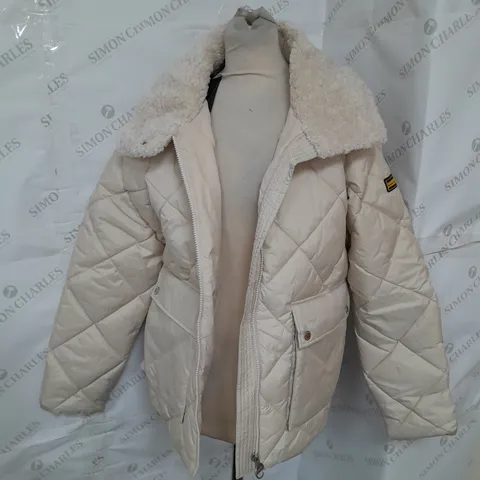 BARBOUR INTERNATIONAL QUILTED FUR COLLAR JACKET IN JASMINE SIZE 10