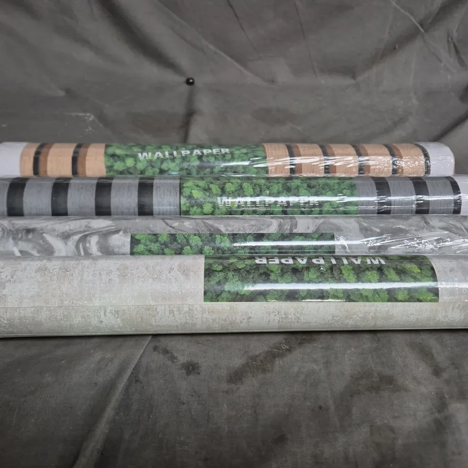 BOX OF APPROXIMATELY 20 ROLLS OF WALLPAPER AND SELF ADHESIVE WALL TILES. VARIOUS COLOURS AND STYLES