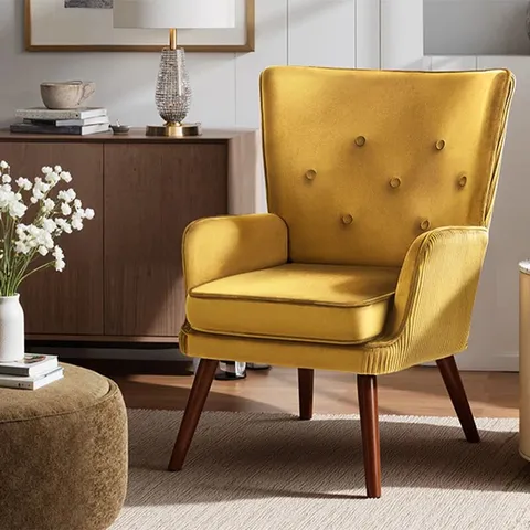 BOXED 71CM W MODERN SOLID WOOD ARMCHAIR & ACCENT CHAIR WITH VELVET - ORANGE