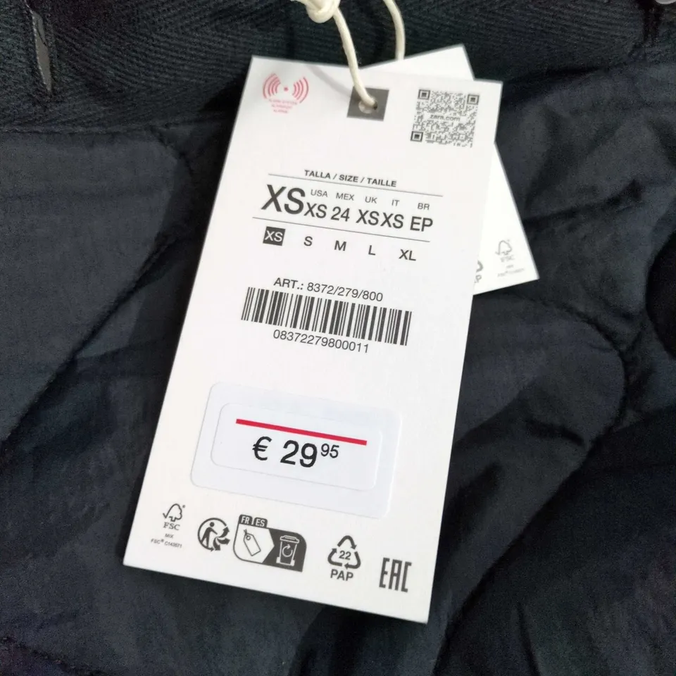 ZARA WATER-REPELLENT QUILTED JACKET, BLACK – XS