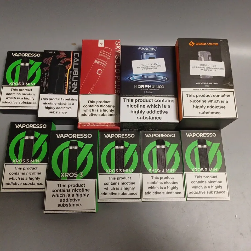APPROXIMATELY 10 ASSORTED E-CIGARETTE PRODUCTS TO INCLUDE GEEK VAPE, SMOK, VAPORESSO ETC 