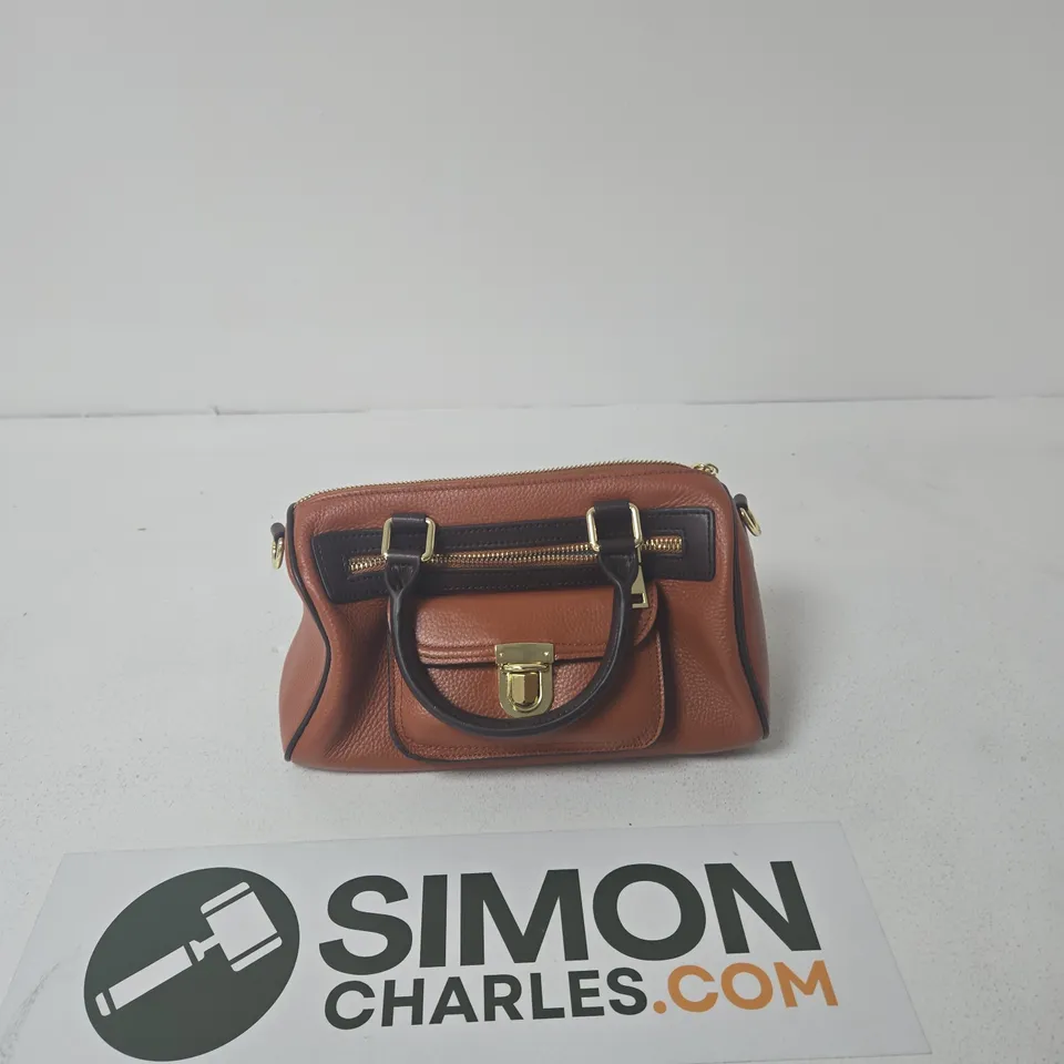 BROWN PEBBLED LEATHER HANDBAG WITH BLACK TRIM AND GOLD-TONE HARDWARE
