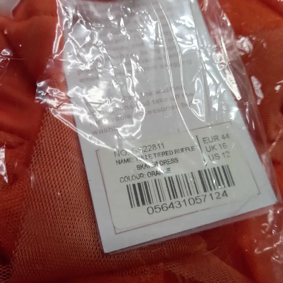 PACKAGED FOREVER UNIQUE ORANGE TULLE TIERED UFFLE SKATER DRESS - SIZE 16