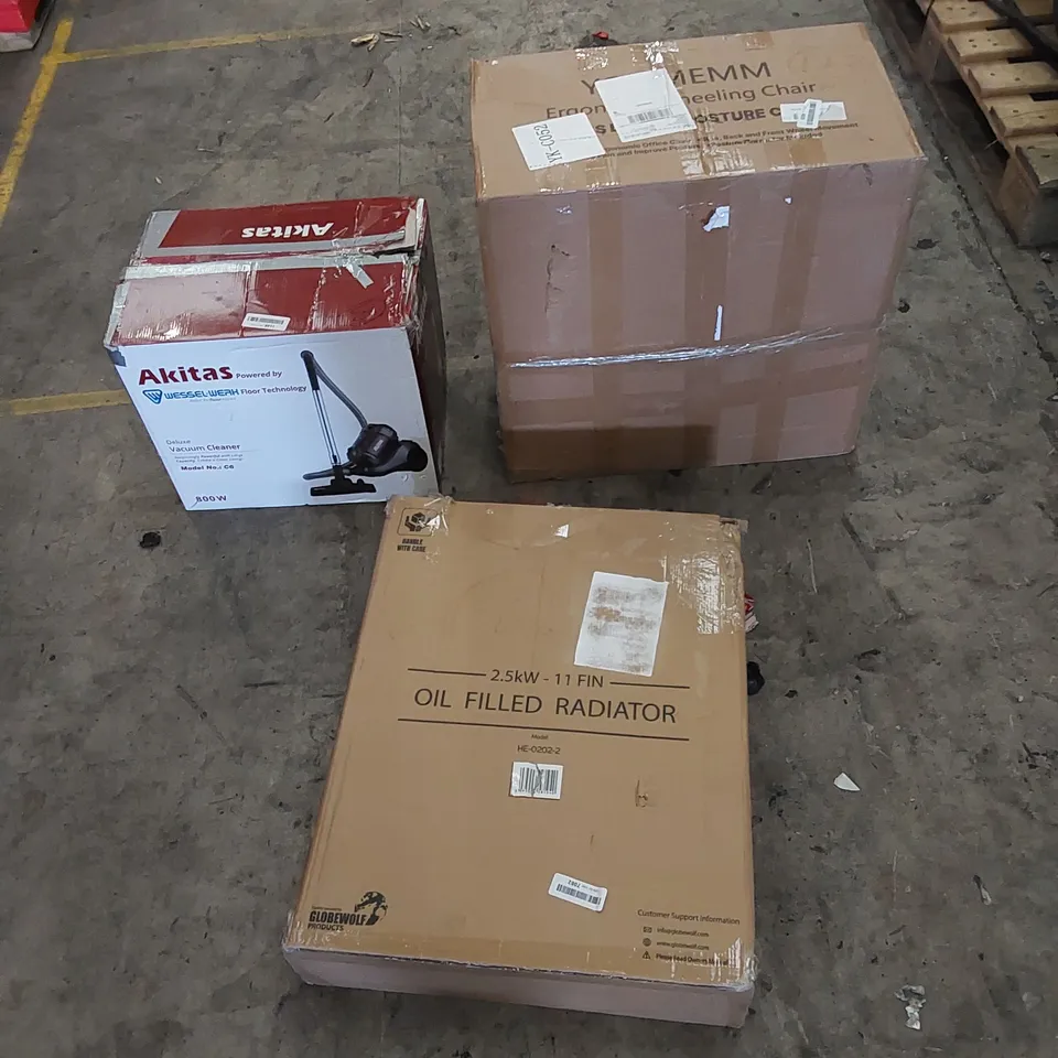 PALLET TO CONTAIN ASSORTED HOUSEHOLD ITEMS AND CONSUMER PRODUCTS. INCLUDING HEATER, BATH CHAIR, ERGONOMIC KNEELING CHAIR, VACUUM CLEANER, BOXED FURNITURE ETC