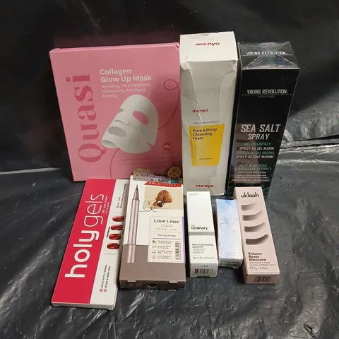 APPROXIMATEY 20 ASSORTED HEALTH AND BEAUTY PRODUCTS TO INCLUDE - QUASI COLLAGEN GLOW UP MASK - MILK MAKEUP KUSH LIP OIL IN COOKIE DOUGH - UKLASH VOLUME BOOST MASCARA - ETC