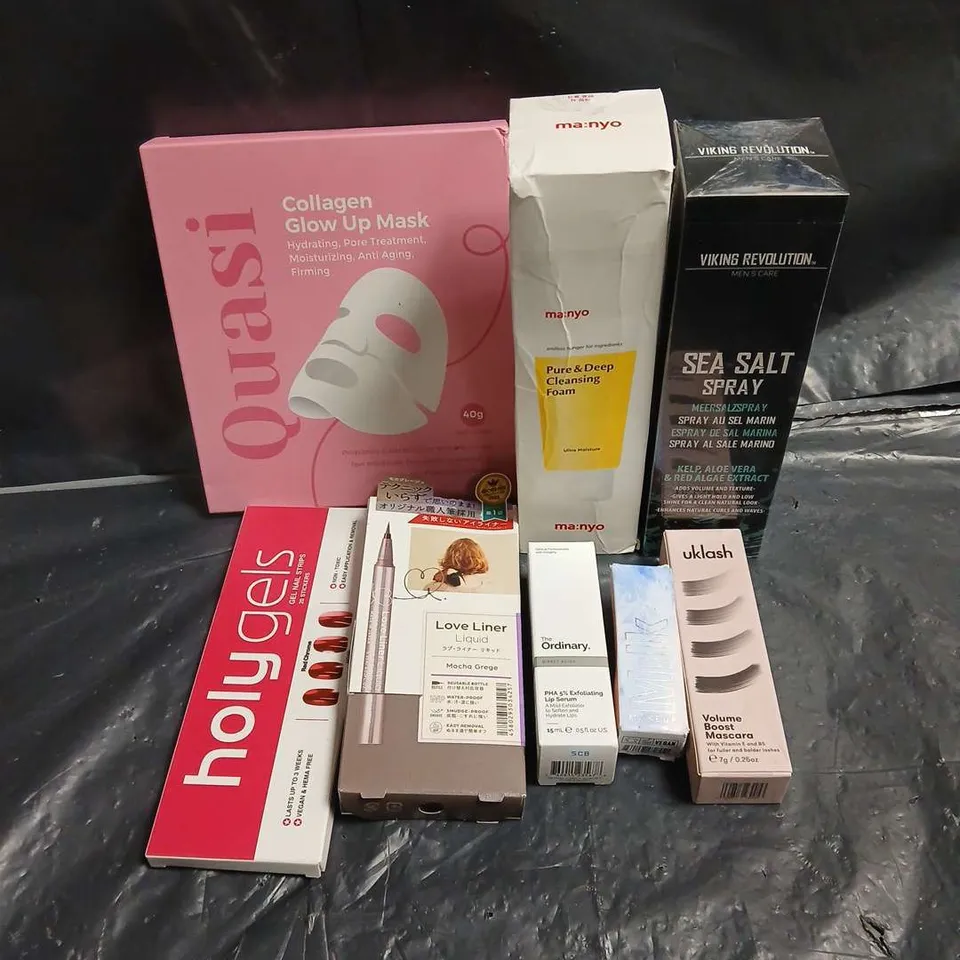 APPROXIMATEY 20 ASSORTED HEALTH AND BEAUTY PRODUCTS TO INCLUDE - QUASI COLLAGEN GLOW UP MASK - MILK MAKEUP KUSH LIP OIL IN COOKIE DOUGH - UKLASH VOLUME BOOST MASCARA - ETC