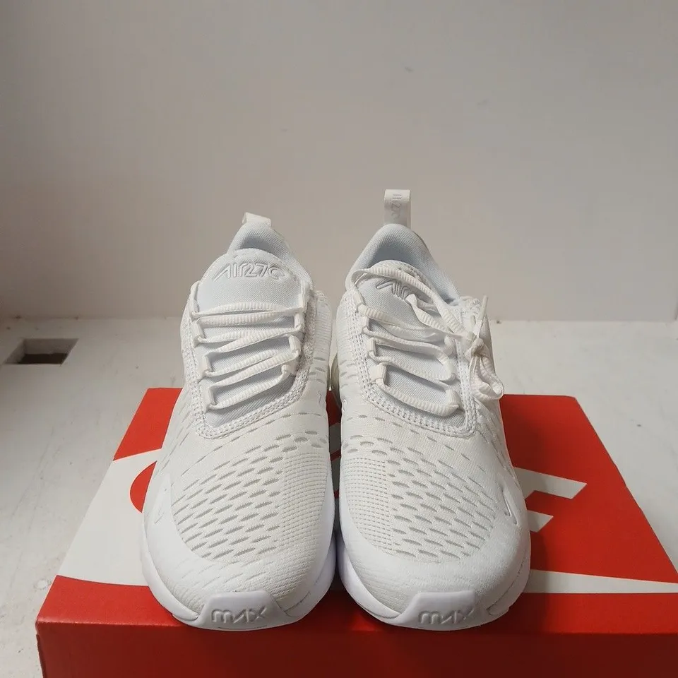 BOXED PAIR OF NIKE AIR MAX 270 GS SNEAKERS – WHITE/WHITE-METALLIC SILVER, UK 6 