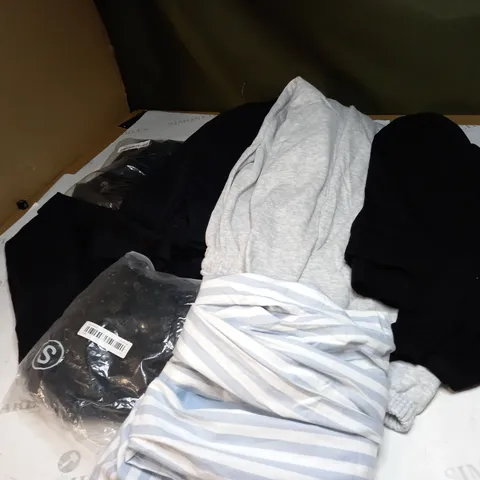 BOX OF ASSORTED CLOTHING ITEMS TOO INCLUDE DRESSES , SHIRTS AND TROUSERS IN VARIOUS SIZES AND COLOURS