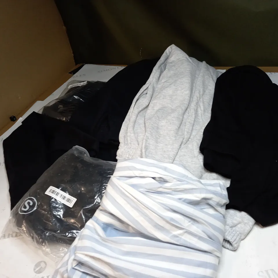  BOX OF ASSORTED CLOTHING ITEMS TOO INCLUDE DRESSES , SHIRTS AND TROUSERS IN VARIOUS SIZES AND COLOURS   