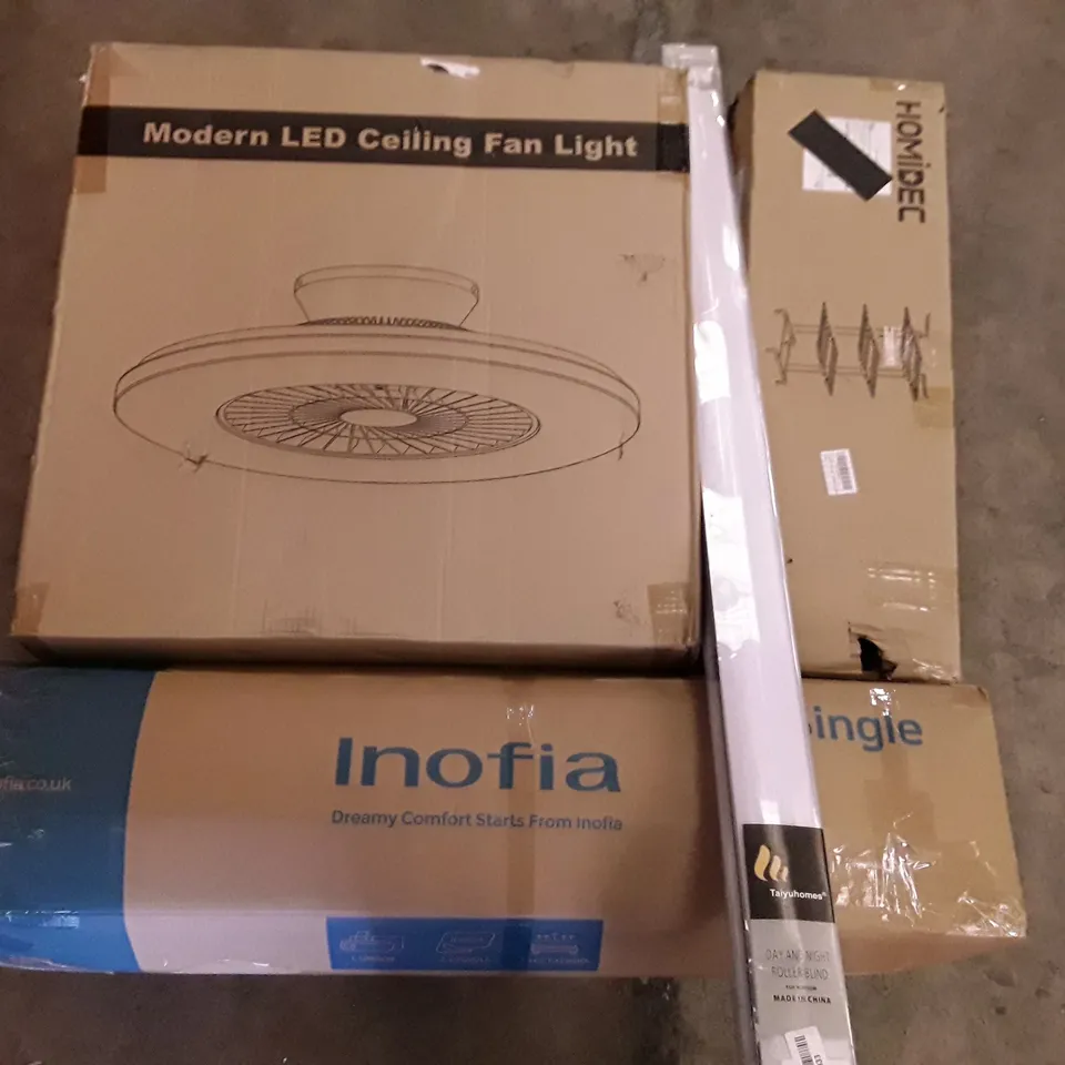 PALLET OF ASSORTED PRODUCTS INCLUDING LED CEILING FAN LIGHT, SINGLE MATTRESS, HOMIDEC DRYING RACK, ROLLER BLIND