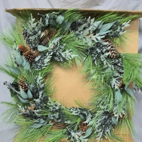 BOXED PRE LIT CHRISTMAS WREATH WITH GREEN BERRIES AND PINECONES - 90 CM