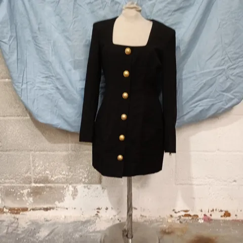 Balmain Dress – Black with Gold Button Front, Square Neckline (Womens)