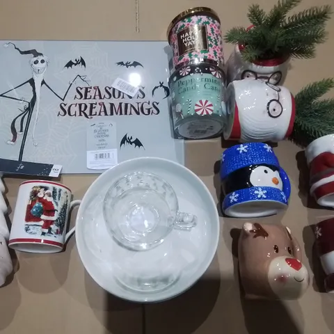 LOT OF ASSORTED SEASONAL ITEMS TO INCLUDE CHARACTER CUPS, SCENTED CANDLES, BOWLS AND ARTIFICIAL PLANTS