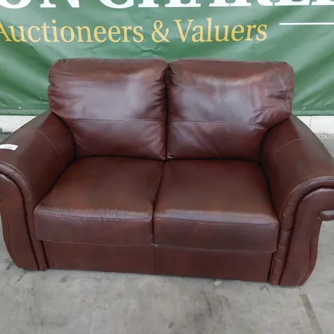 DESIGNER TWO SEATER SCROLL ARM SOFA CHESTNUT LEATHER 