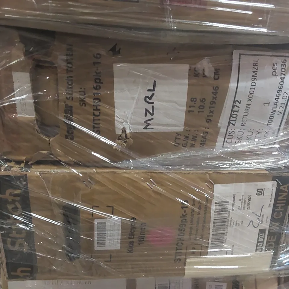 PALLET CONTAINING A LARGE QUANTITY OF ASSORTED ITEMS INCLUDING: HILAND BIKE, STITCH CHILDREN'S BIKES, CONSOLE TABLE, RUBBISH BIN ECT