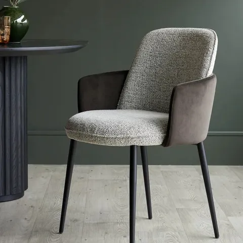 BOXED PAIR OF DANETTI WREN GREY FABRIC AND MOCHA VELVET DINING CHAIRS