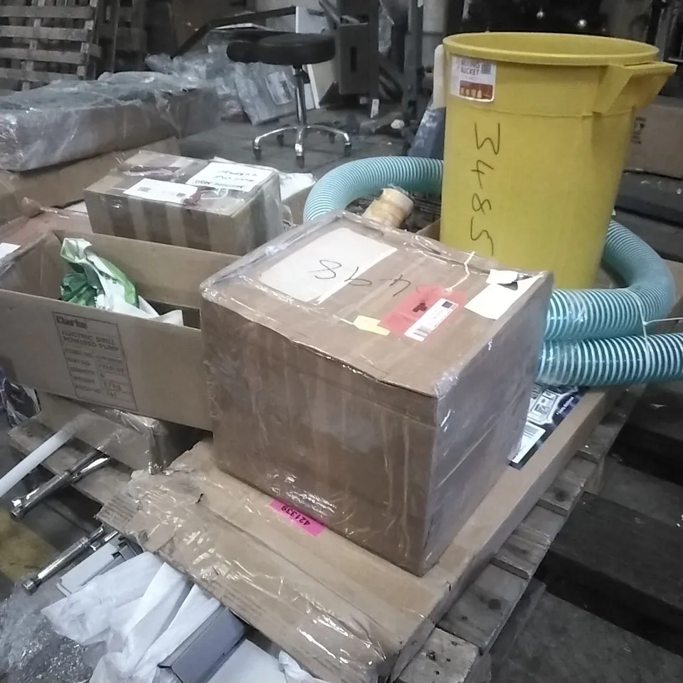 PALLET OF ASSORTED TOOLS AND SUPPLIERS TO INCLUDE;TRASH CAN,TOOL SHELVING BENCH.UNIT,WRENCHES,SPRINKLER
