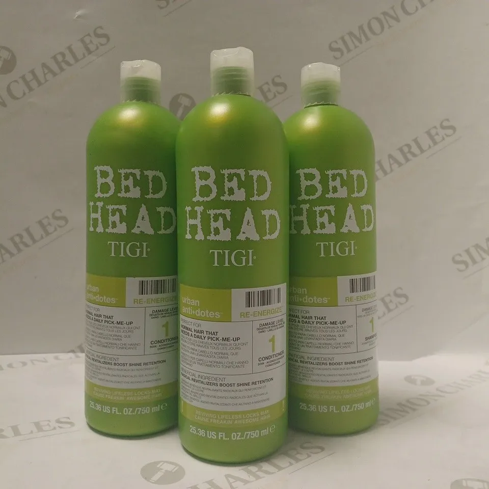 BOX OF 3 TIGI BEDHEAD URBAN ANTIDOTES RE-ENERGIZE PRODUCTS TO INCLUDE 2 X 750ML CONDITIONER & 1 X 750ML SHAMPOO 