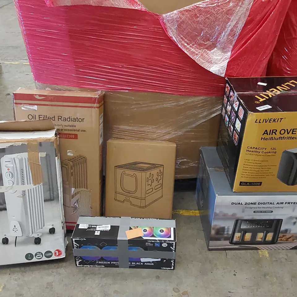 PALLET OF ASSORTED ITEMS INCLUDING: RADIATORS, AIR FRYERS, PC LIQUID COOLER, PET BOX