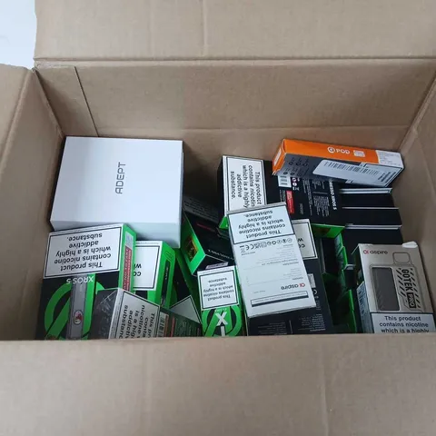 BOX OF APPROXIMATELY 35 ASSORTED E-CIGARETTES AND COMPONENTS TO INCLUDE:  ASSORTED VAPORESSO DEVICE KITS 