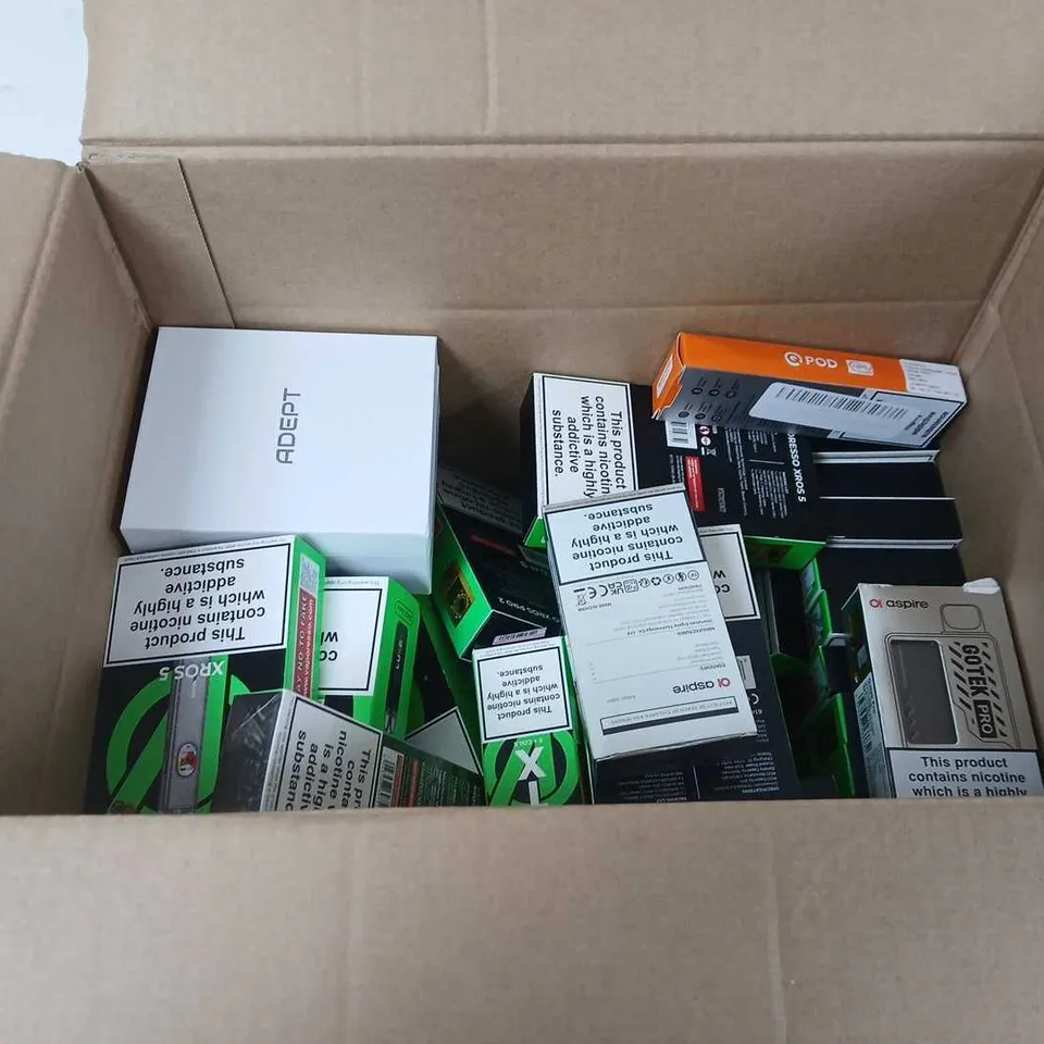 BOX OF APPROXIMATELY 35 ASSORTED E-CIGARETTES AND COMPONENTS TO INCLUDE:  ASSORTED VAPORESSO DEVICE KITS 