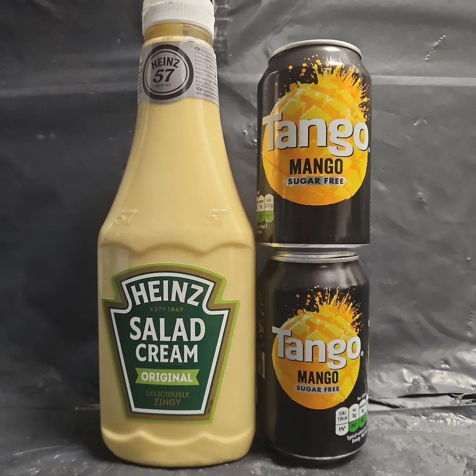 BOX OF APPROXIMATELY 3 ASSORTED FOOD AND DRINK ITEMS TO INCLUDE TANGO MANGO MULTIPACKS, AND SALAD CREAM