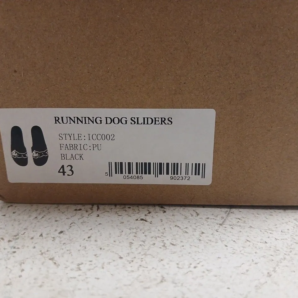 BOXED PAIR OF ICECREAM RUNNING DOG SLIDERS – BLACK, UK 9