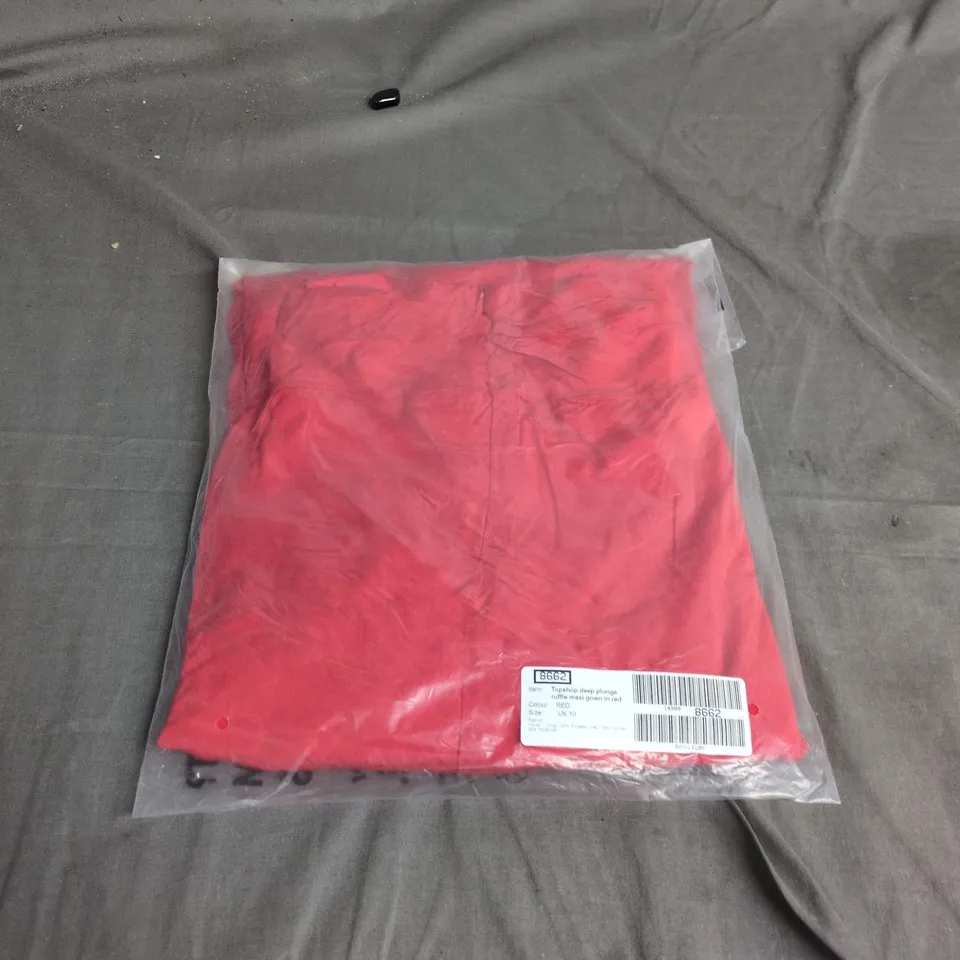 TOPSHOP DEEP PLUNGE RUFFLE MAXI GOWN – RED, UK 10