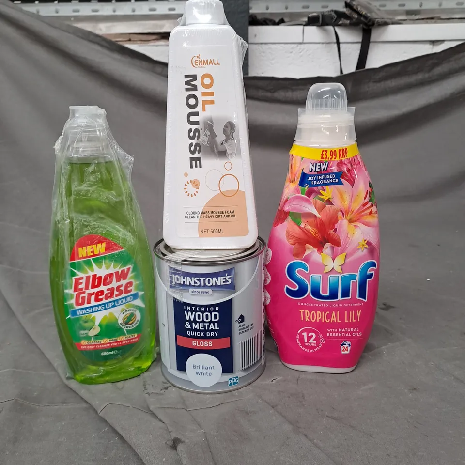 APPROXIMATELY 15 ASSORTED HOUSEHOLD LIQUIDS TO INCLUDE ELBOW GREASE WASHING UP LIQUID, SURF LAUNDRY LIQUID AND WOOD AND METAL PAINT