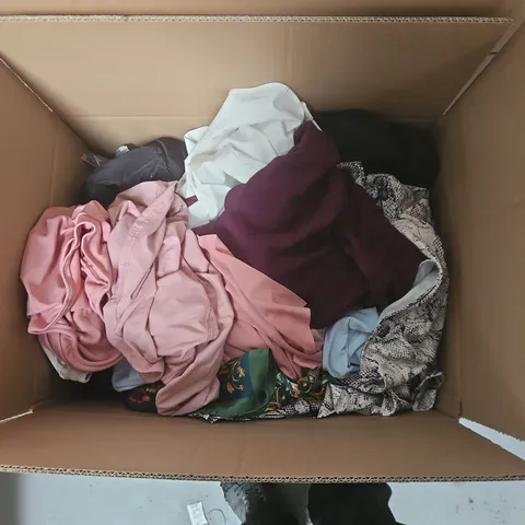 LARGE BOX OF ASSORTED CLOTHING ITEMS TO INCLUDE: COAT/S, SHIRTS.